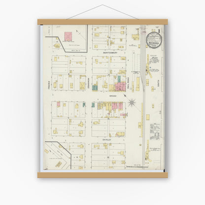 Old map wall art mockup — magnetic wood frame on white wall — Sanborn Fire Insurance Map from Raymond, Montgomery County, Illinois (1894), Sheet #0001