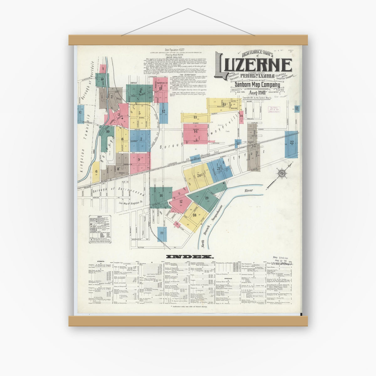 Old map wall art mockup — magnetic wood frame on white wall — Sanborn Fire Insurance Map from Luzerne, Luzerne County, Pennsylvania (1911), Sheet #0001