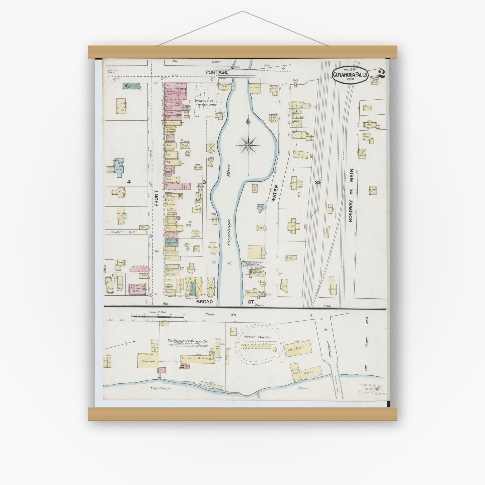 Old map wall art mockup — magnetic wood frame on white wall — Sanborn Fire Insurance Map from Cuyahoga Falls, Summit County, Ohio (1889), Sheet #0002