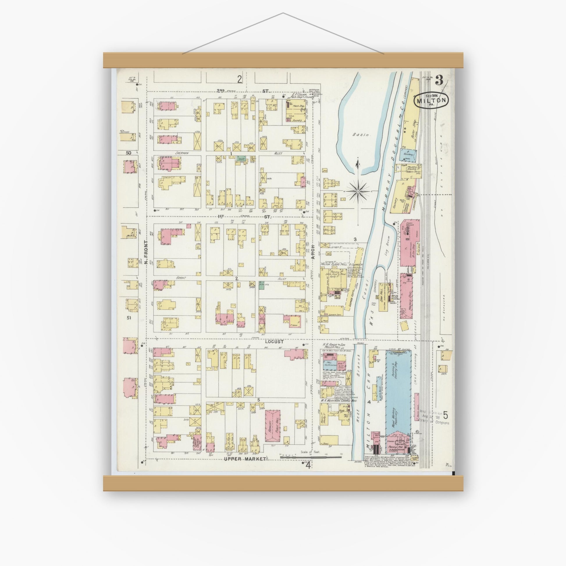 Old map wall art mockup — magnetic wood frame on white wall — Sanborn Fire Insurance Map from Milton, Northumberland County, Pennsylvania (1896), Sheet #0003