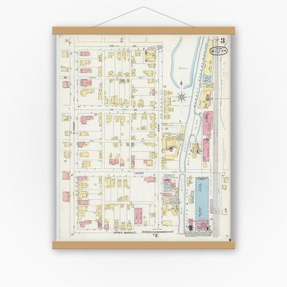 Old map wall art mockup — magnetic wood frame on white wall — Sanborn Fire Insurance Map from Milton, Northumberland County, Pennsylvania (1896), Sheet #0003
