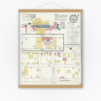 Old map wall art mockup — magnetic wood frame on white wall — Sanborn Fire Insurance Map from Clayton, Johnston County, North Carolina (1918) - Complete Map Set