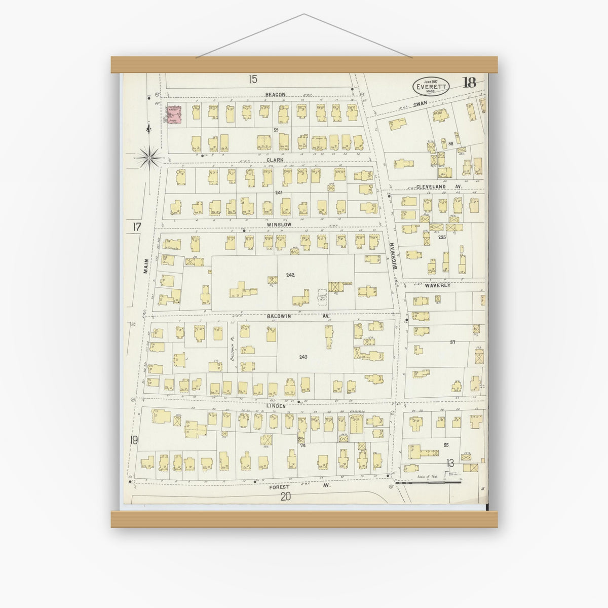Old map wall art mockup — magnetic wood frame on white wall — Sanborn Fire Insurance Map from Everett, Middlesex County, Massachusetts (1897), Sheet #0018