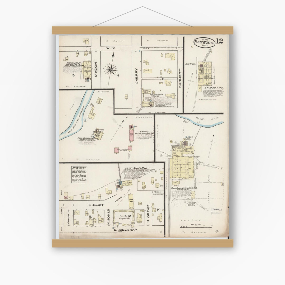 Old map wall art mockup — magnetic wood frame on white wall — Sanborn Fire Insurance Map from Fort Worth, Tarrant County, Texas (1885), Sheet #0012