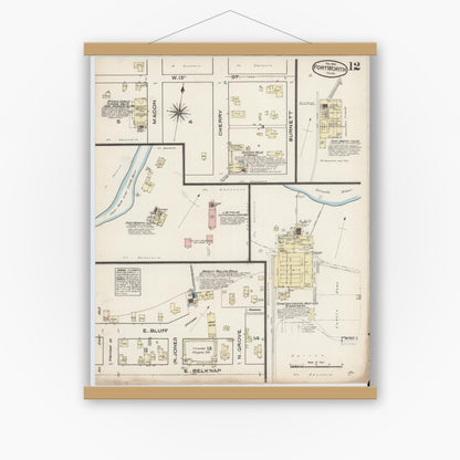 Old map wall art mockup — magnetic wood frame on white wall — Sanborn Fire Insurance Map from Fort Worth, Tarrant County, Texas (1885), Sheet #0012