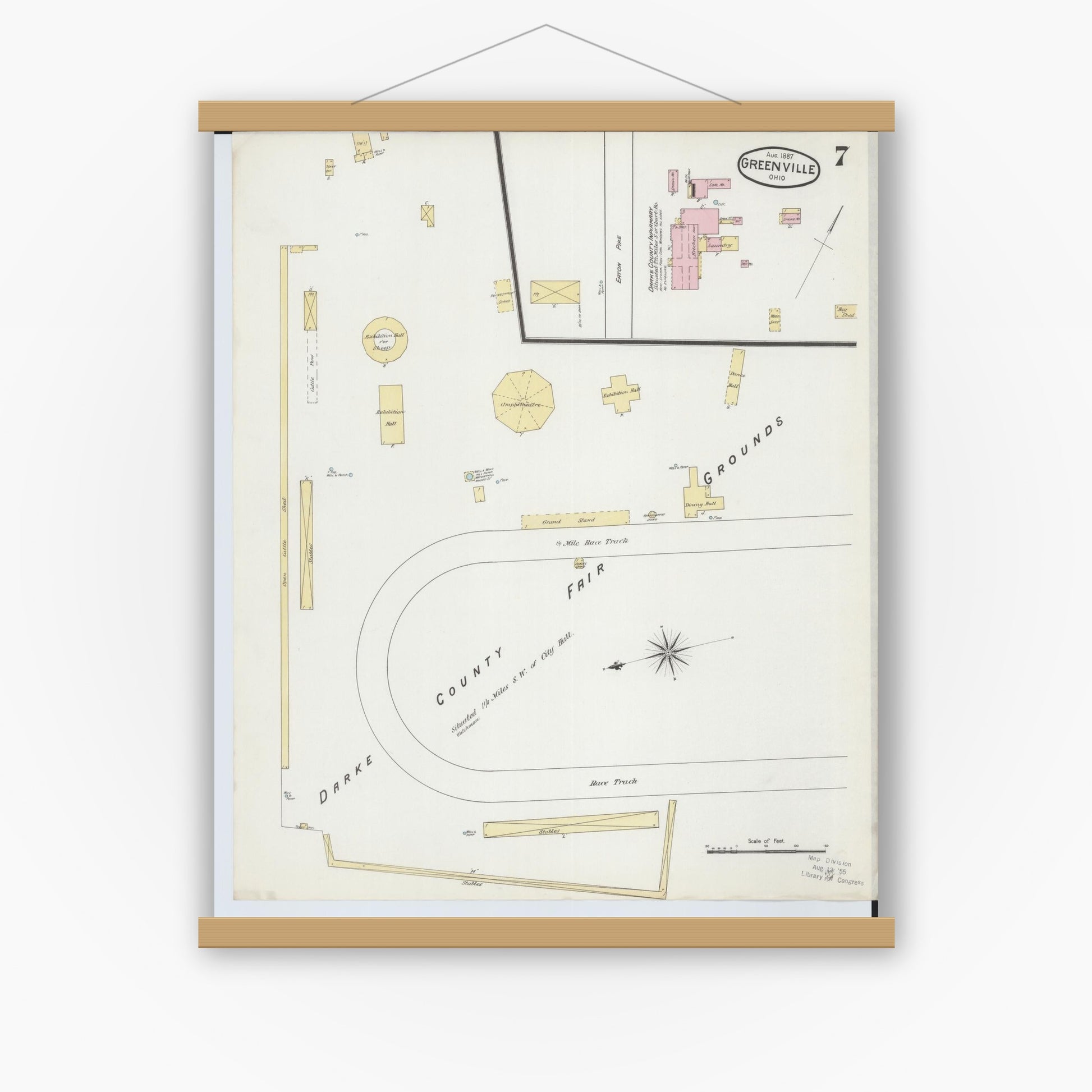 Old map wall art mockup — magnetic wood frame on white wall — Sanborn Fire Insurance Map from Greenville, Darke County, Ohio (1887), Sheet #0007