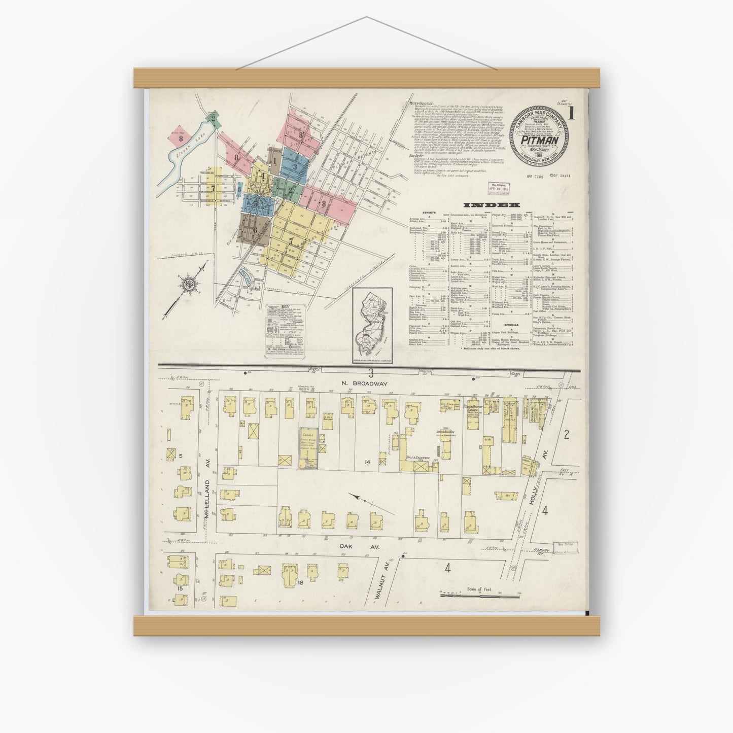 Old map wall art mockup — magnetic wood frame on white wall — Sanborn Fire Insurance Map from Pitman, Gloucester County, New Jersey (1915) - Complete Map Set