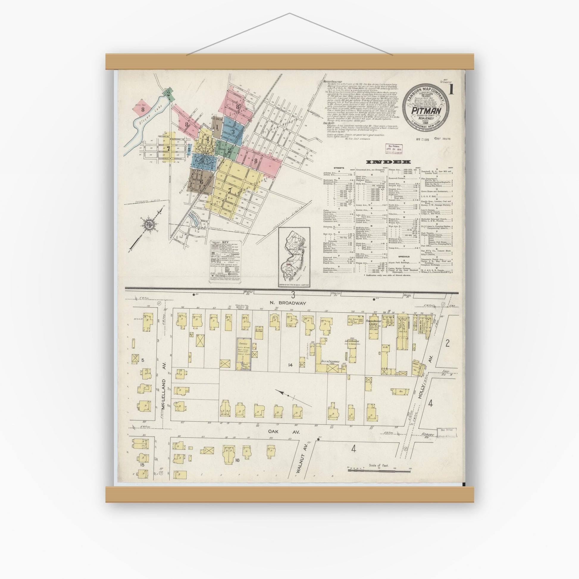 Old map wall art mockup — magnetic wood frame on white wall — Sanborn Fire Insurance Map from Pitman, Gloucester County, New Jersey (1915) - Complete Map Set