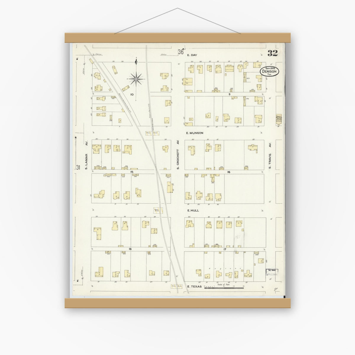 Old map wall art mockup — magnetic wood frame on white wall — Sanborn Fire Insurance Map from Denison, Grayson County, Texas (1908), Sheet #0032