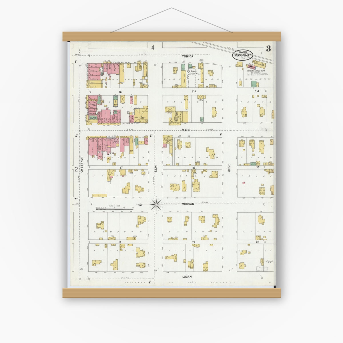 Old map wall art mockup — magnetic wood frame on white wall — Sanborn Fire Insurance Map from Mason City, Mason County, Illinois (1899), Sheet #0003