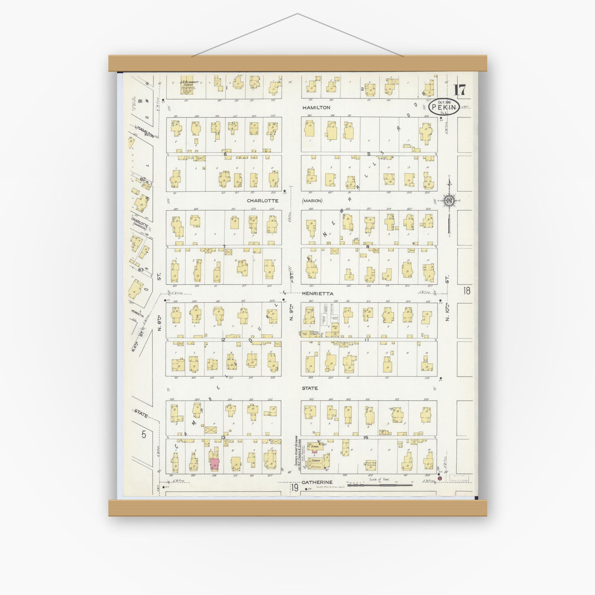 Old map wall art mockup — magnetic wood frame on white wall — Sanborn Fire Insurance Map from Pekin, Tazewell County, Illinois (1916), Sheet #0017