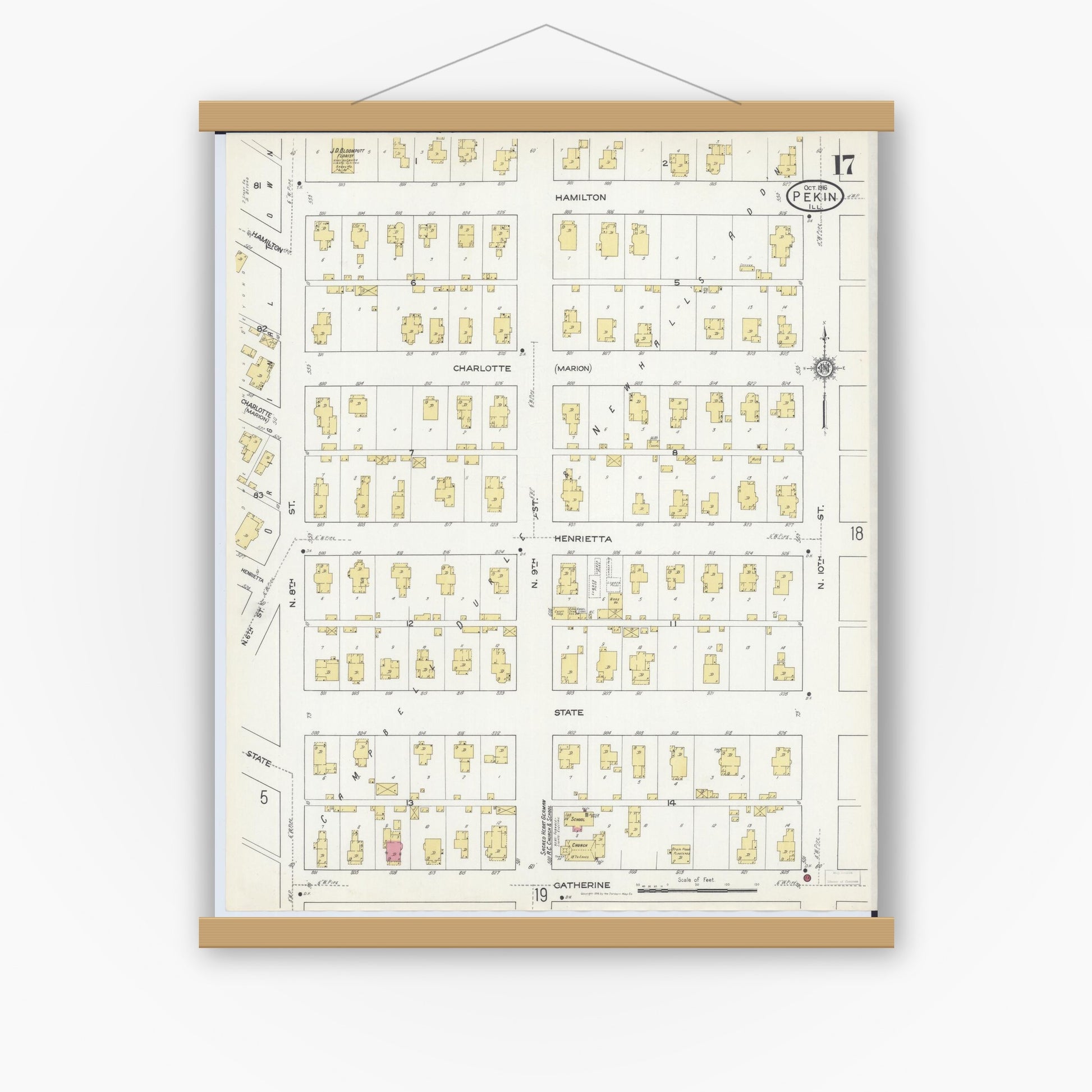 Old map wall art mockup — magnetic wood frame on white wall — Sanborn Fire Insurance Map from Pekin, Tazewell County, Illinois (1916), Sheet #0017