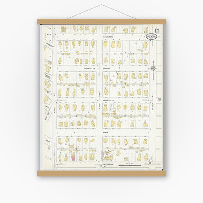 Old map wall art mockup — magnetic wood frame on white wall — Sanborn Fire Insurance Map from Pekin, Tazewell County, Illinois (1916), Sheet #0017