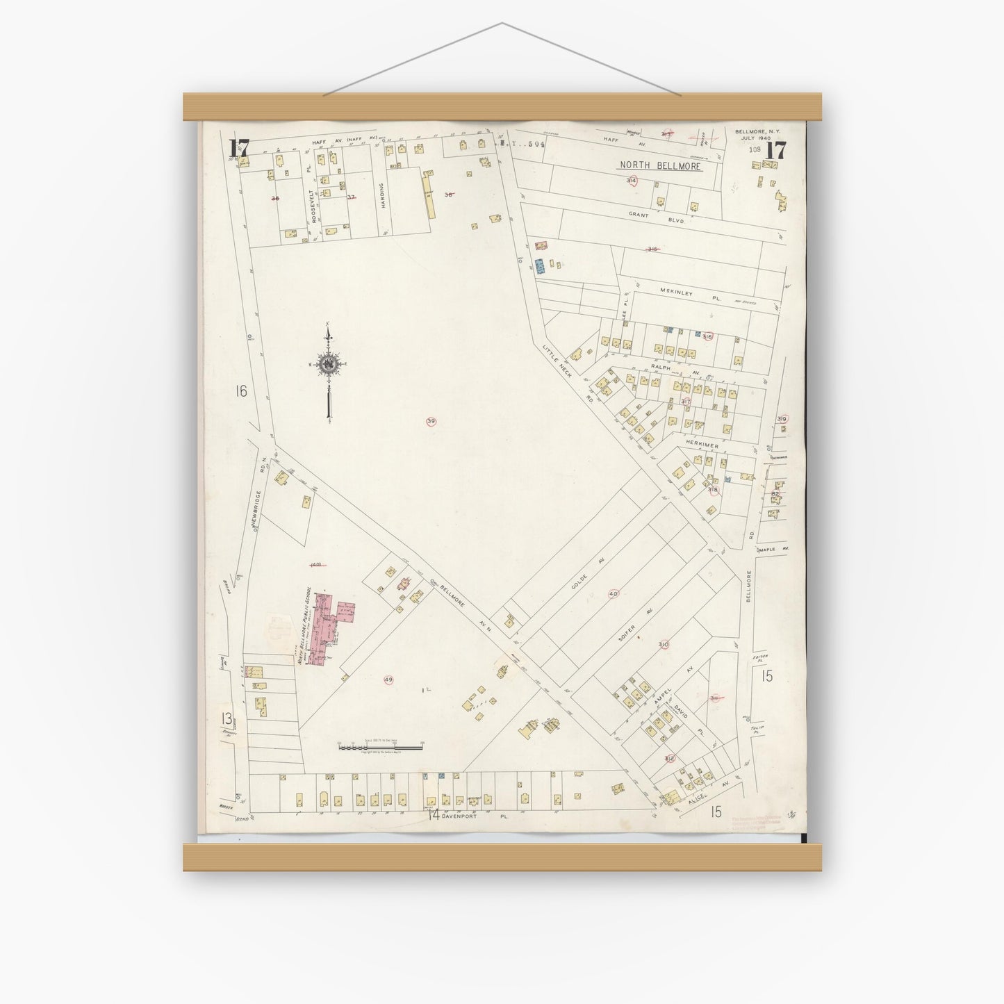 Old map wall art mockup — magnetic wood frame on white wall — Sanborn Fire Insurance Map from Bellmore, Nassau County, New York (1945), Sheet #0017