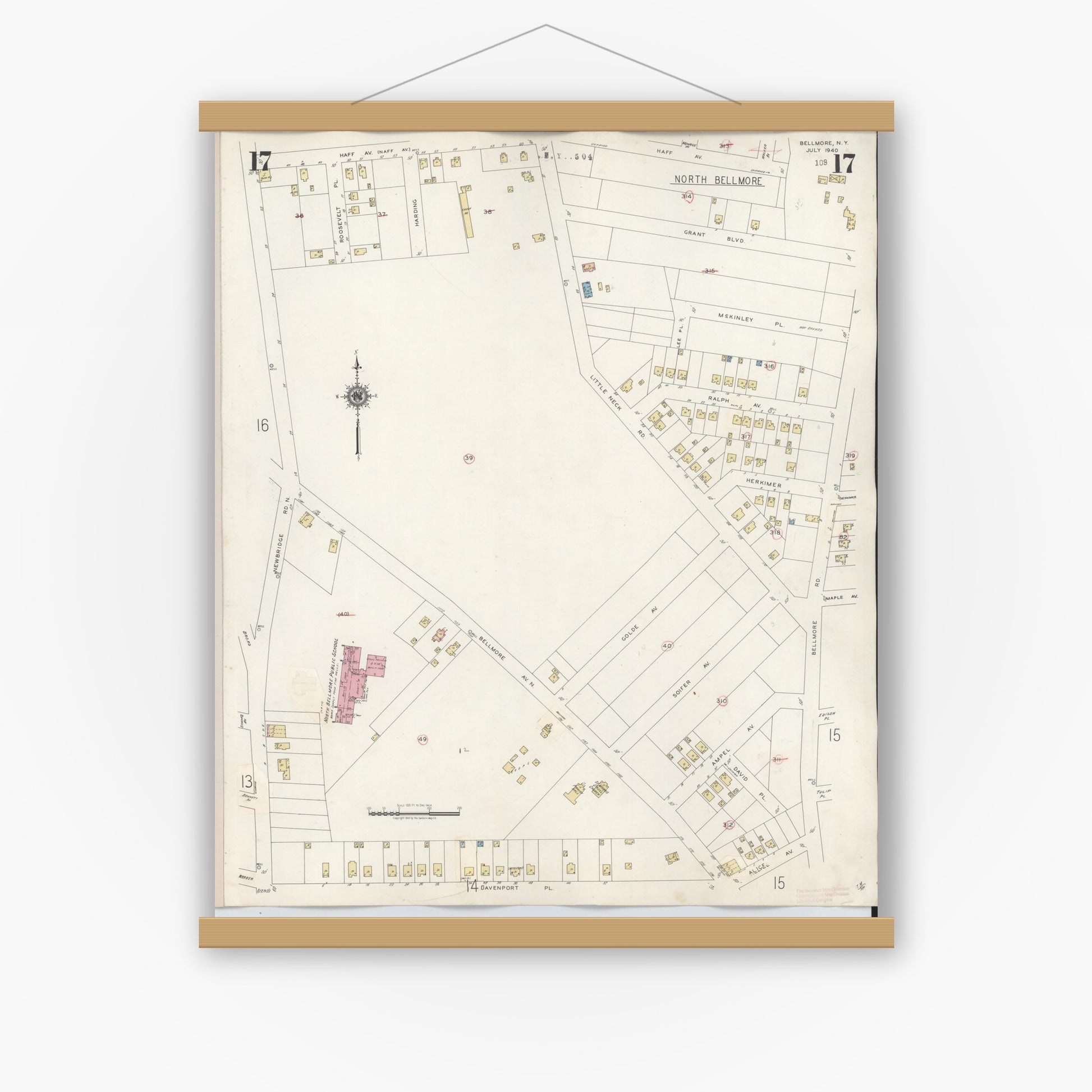 Old map wall art mockup — magnetic wood frame on white wall — Sanborn Fire Insurance Map from Bellmore, Nassau County, New York (1945), Sheet #0017