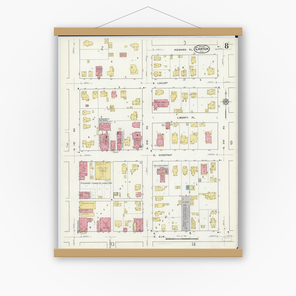 Old map wall art mockup — magnetic wood frame on white wall — Sanborn Fire Insurance Map from Canton, Fulton County, Illinois (1917), Sheet #0008