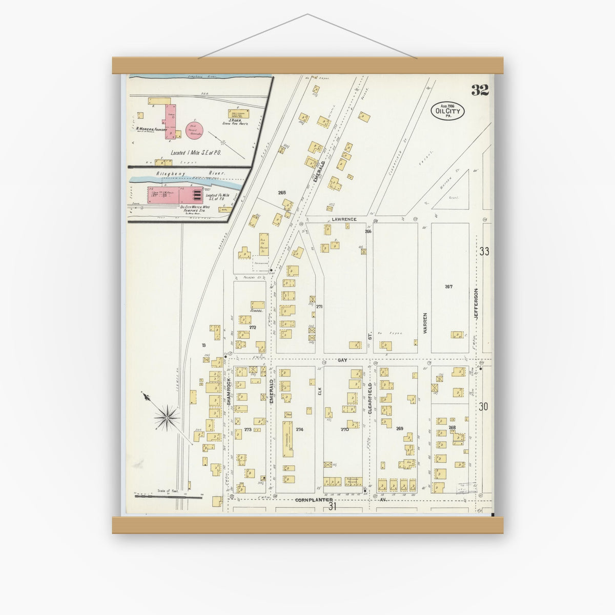 Old map wall art mockup — magnetic wood frame on white wall — Sanborn Fire Insurance Map from Oil City, Venango County, Pennsylvania (1906), Sheet #0032