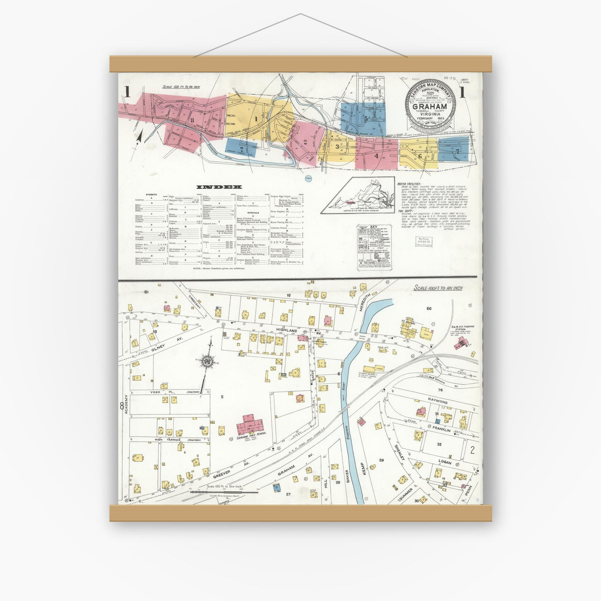 Old map wall art mockup — magnetic wood frame on white wall — Sanborn Fire Insurance Map from Graham, Tazewell County, Virginia (1923) - Complete Map Set