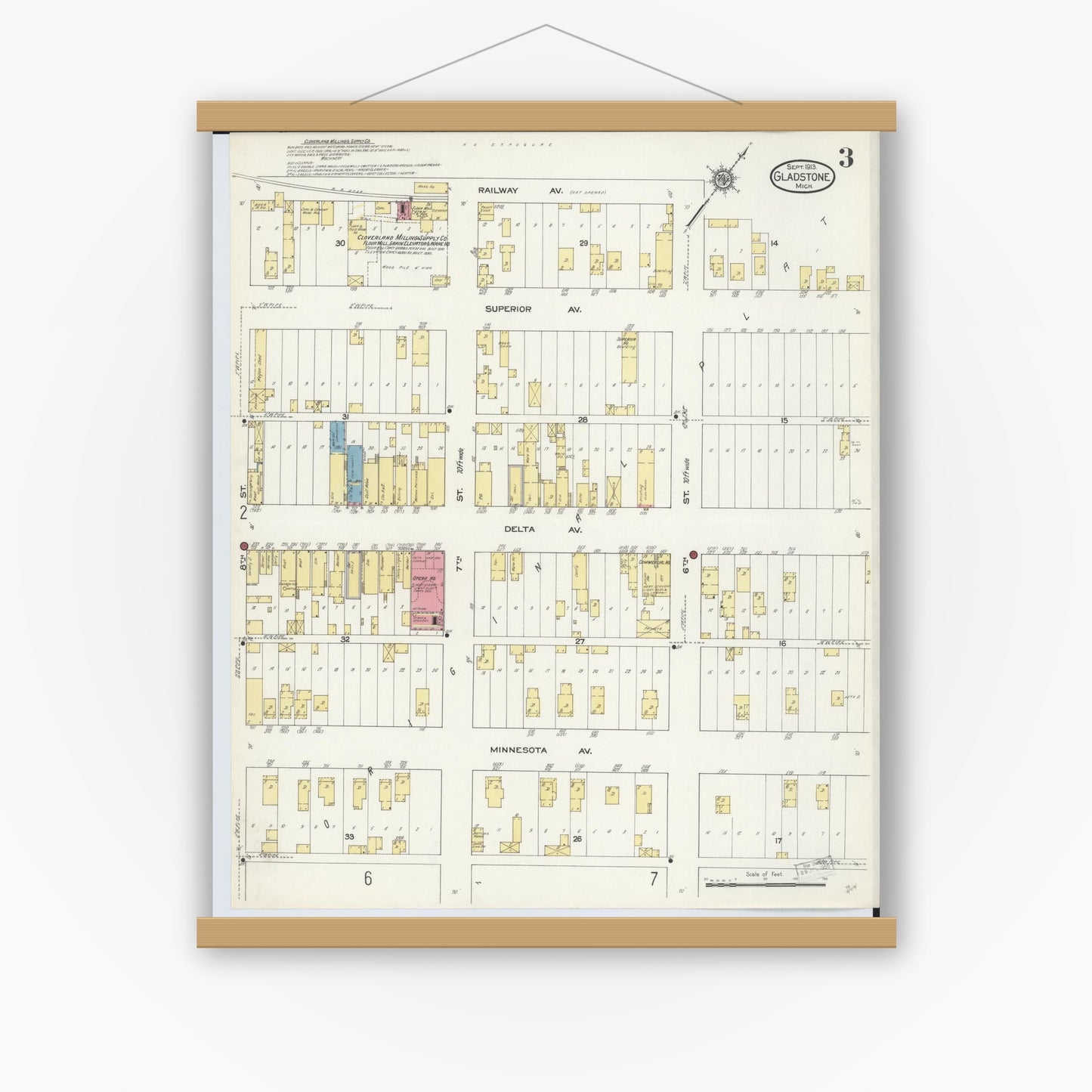 Old map wall art mockup — magnetic wood frame on white wall — Sanborn Fire Insurance Map from Gladstone, Delta County, Michigan (1913), Sheet #0003