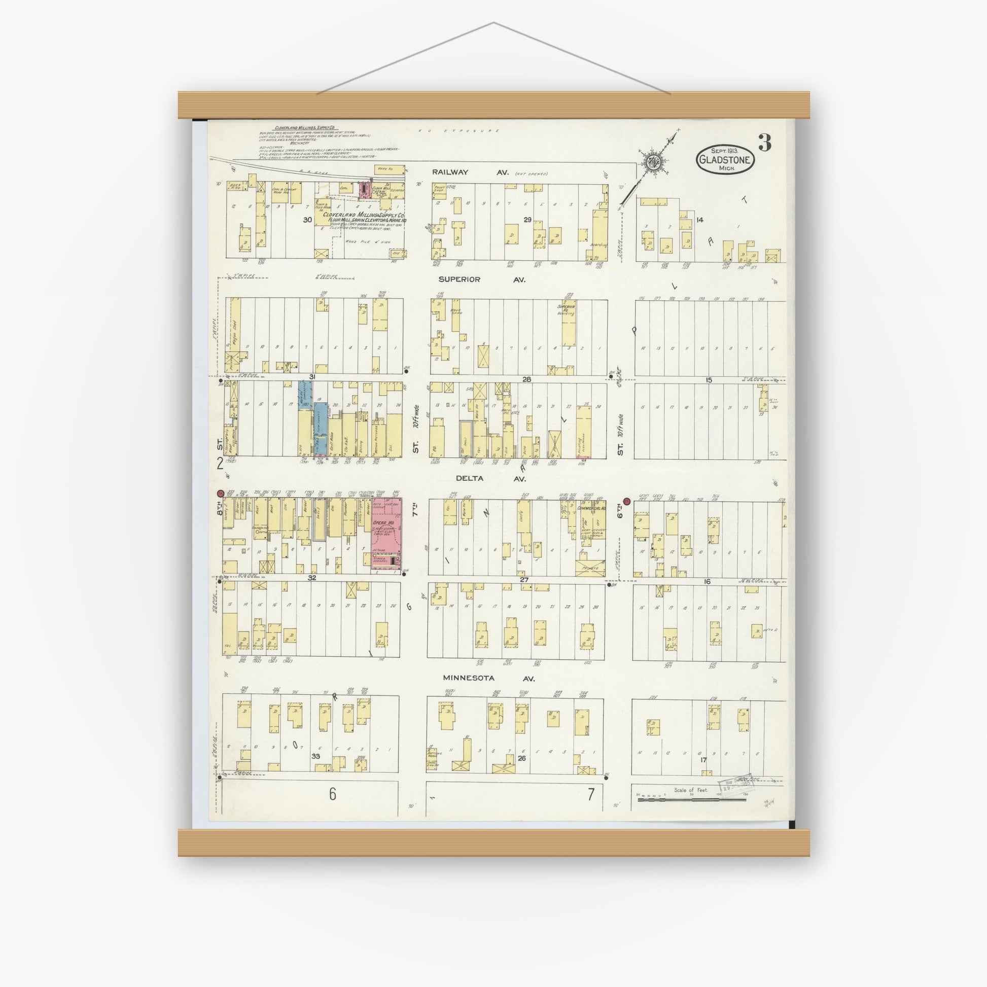 Old map wall art mockup — magnetic wood frame on white wall — Sanborn Fire Insurance Map from Gladstone, Delta County, Michigan (1913), Sheet #0003