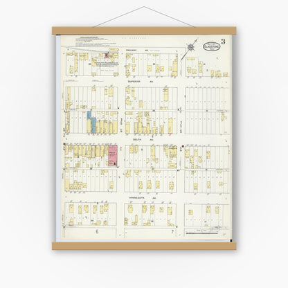Old map wall art mockup — magnetic wood frame on white wall — Sanborn Fire Insurance Map from Gladstone, Delta County, Michigan (1913), Sheet #0003