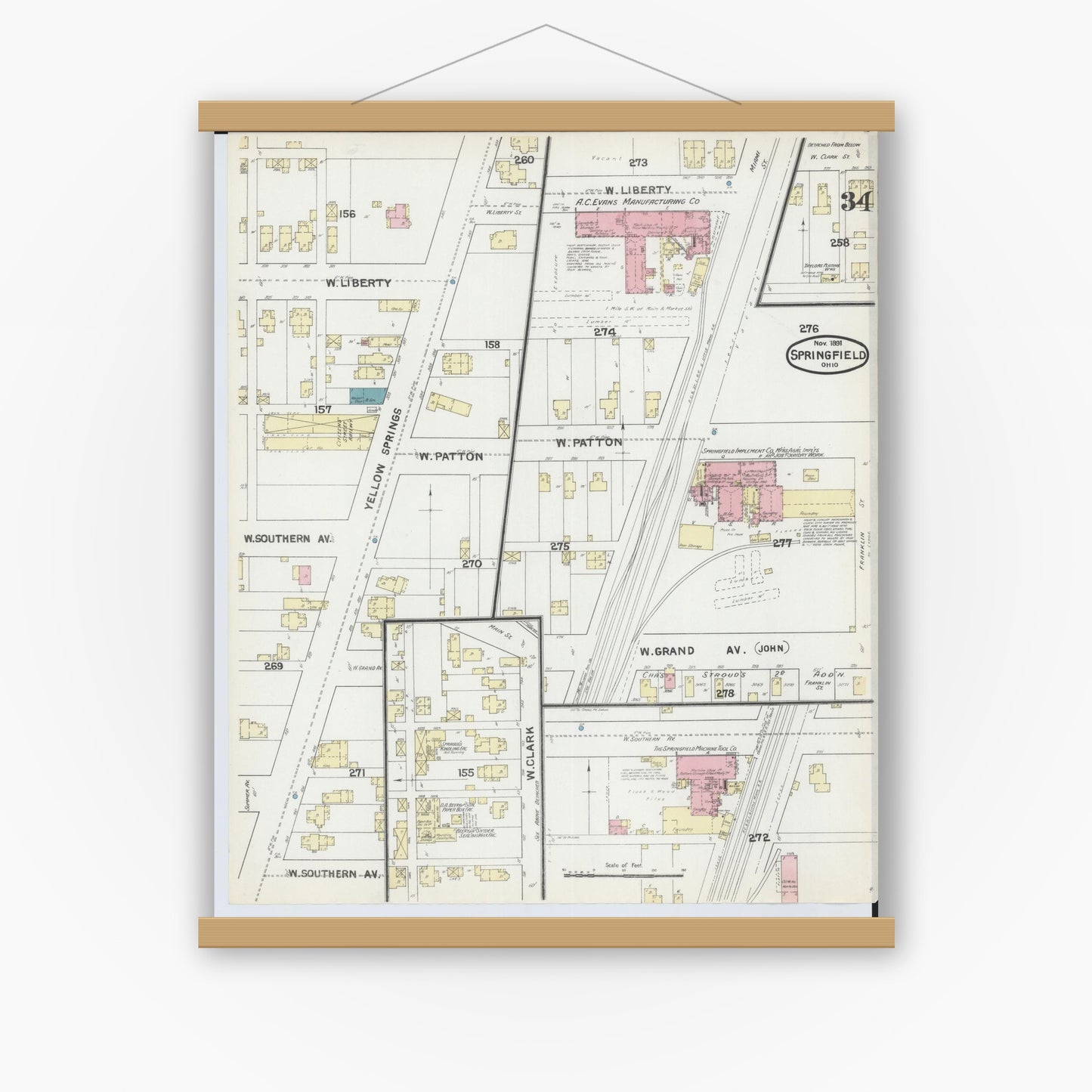 Old map wall art mockup — magnetic wood frame on white wall — Sanborn Fire Insurance Map from Springfield, Clark County, Ohio (1891), Sheet #0034