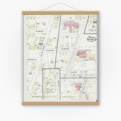 Old map wall art mockup — magnetic wood frame on white wall — Sanborn Fire Insurance Map from Springfield, Clark County, Ohio (1891), Sheet #0034