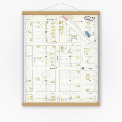 Old map wall art mockup — magnetic wood frame on white wall — Sanborn Fire Insurance Map from Paris, Edgar County, Illinois (1916), Sheet #0024