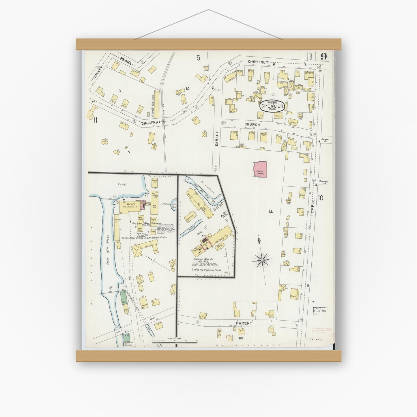 Old map wall art mockup — magnetic wood frame on white wall — Sanborn Fire Insurance Map from Spencer, Worcester County, Massachusetts (1896), Sheet #0009