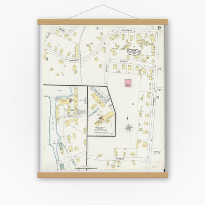 Old map wall art mockup — magnetic wood frame on white wall — Sanborn Fire Insurance Map from Spencer, Worcester County, Massachusetts (1896), Sheet #0009