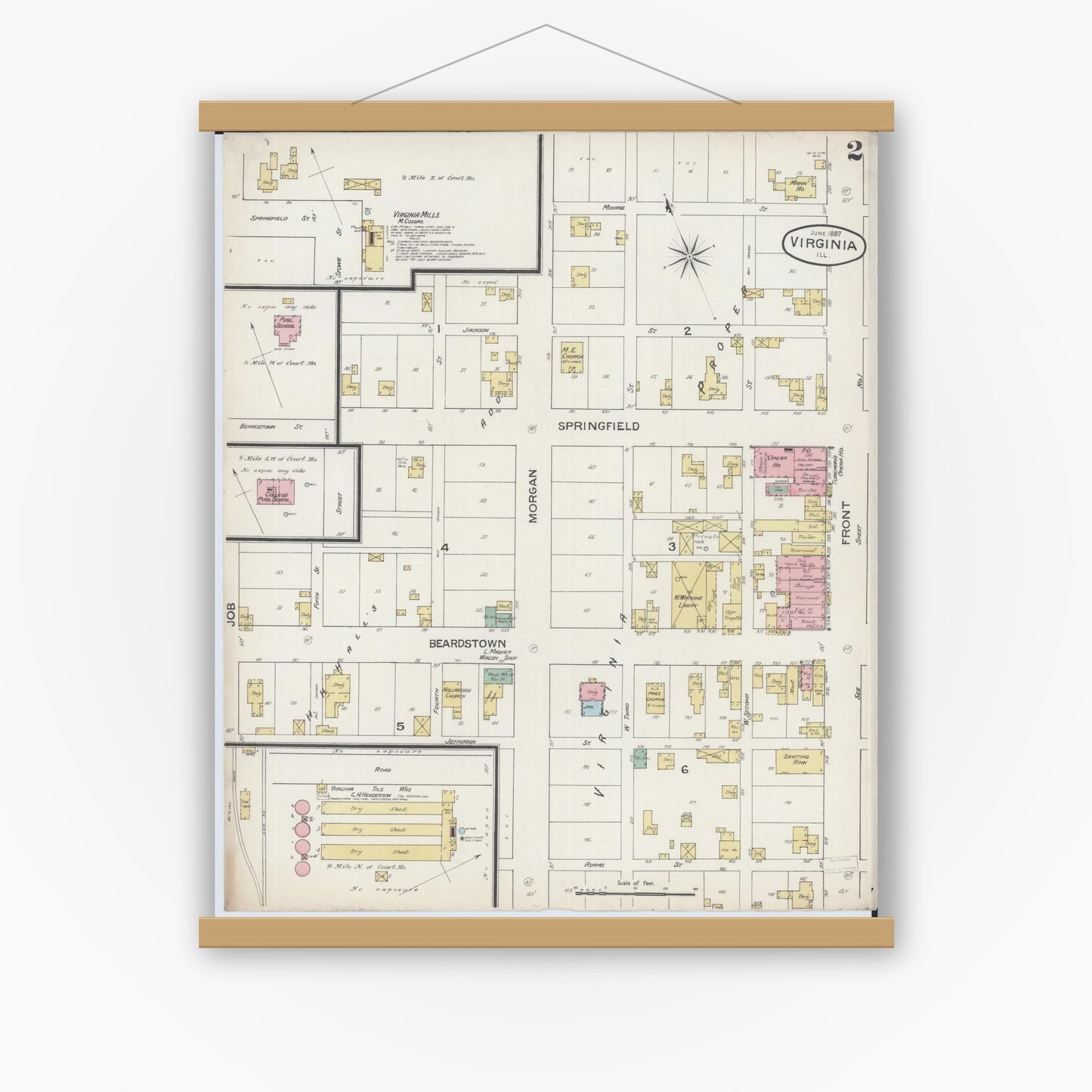 Old map wall art mockup — magnetic wood frame on white wall — Sanborn Fire Insurance Map from Virginia, Cass County, Illinois (1887), Sheet #0002