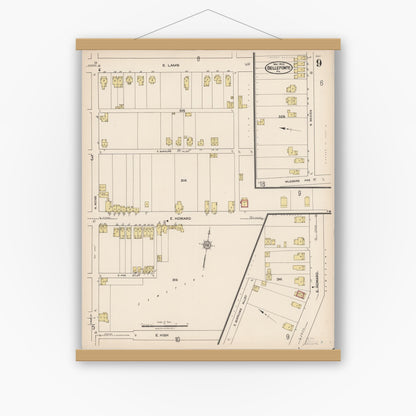 Old map wall art mockup — magnetic wood frame on white wall — Sanborn Fire Insurance Map from Bellefonte, Centre County, Pennsylvania (1922), Sheet #0009