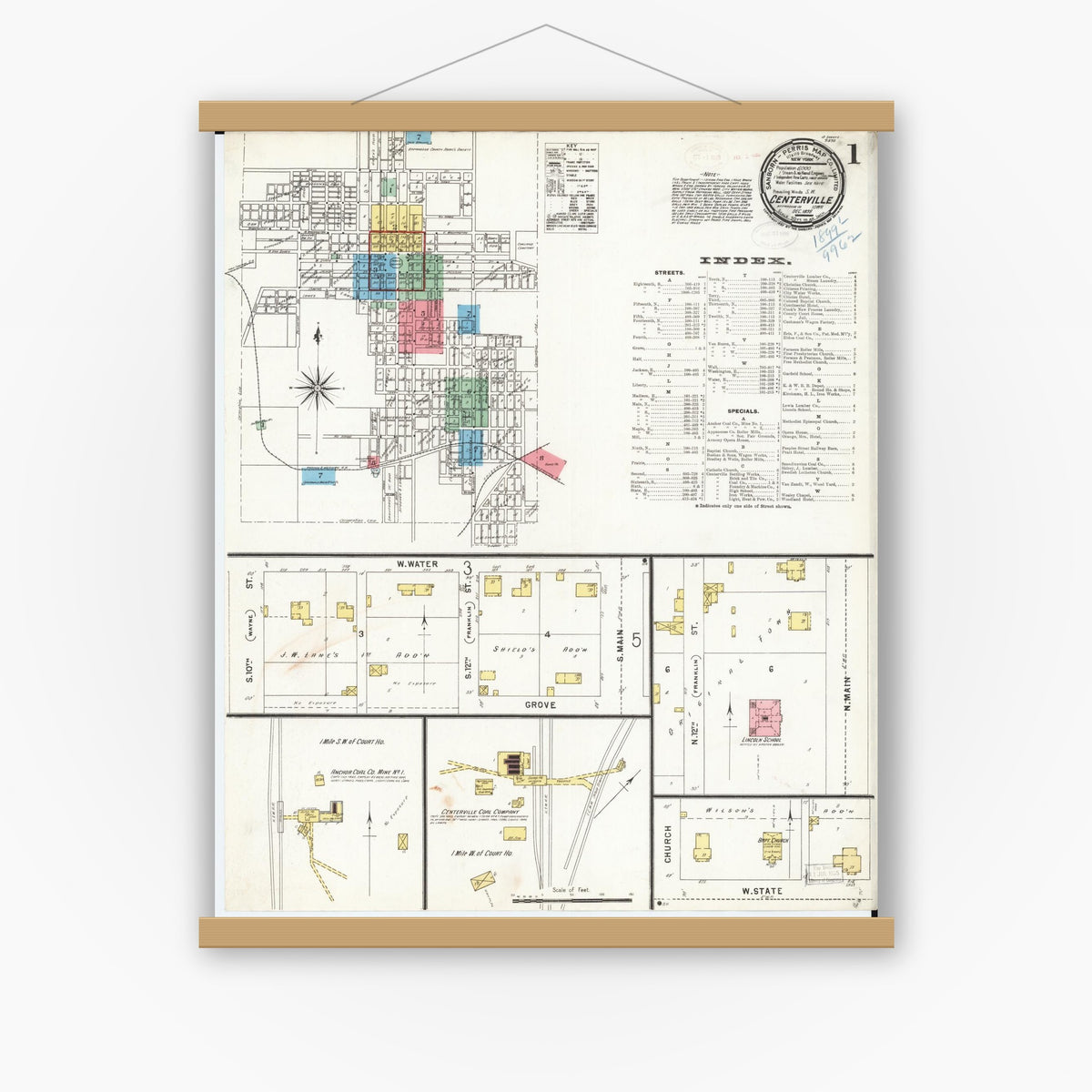 Old map wall art mockup — magnetic wood frame on white wall — Sanborn Fire Insurance Map from Centerville, Appanoose County, Iowa (1898) â€” Complete Set