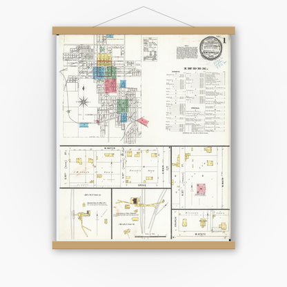 Old map wall art mockup — magnetic wood frame on white wall — Sanborn Fire Insurance Map from Centerville, Appanoose County, Iowa (1898) â€” Complete Set