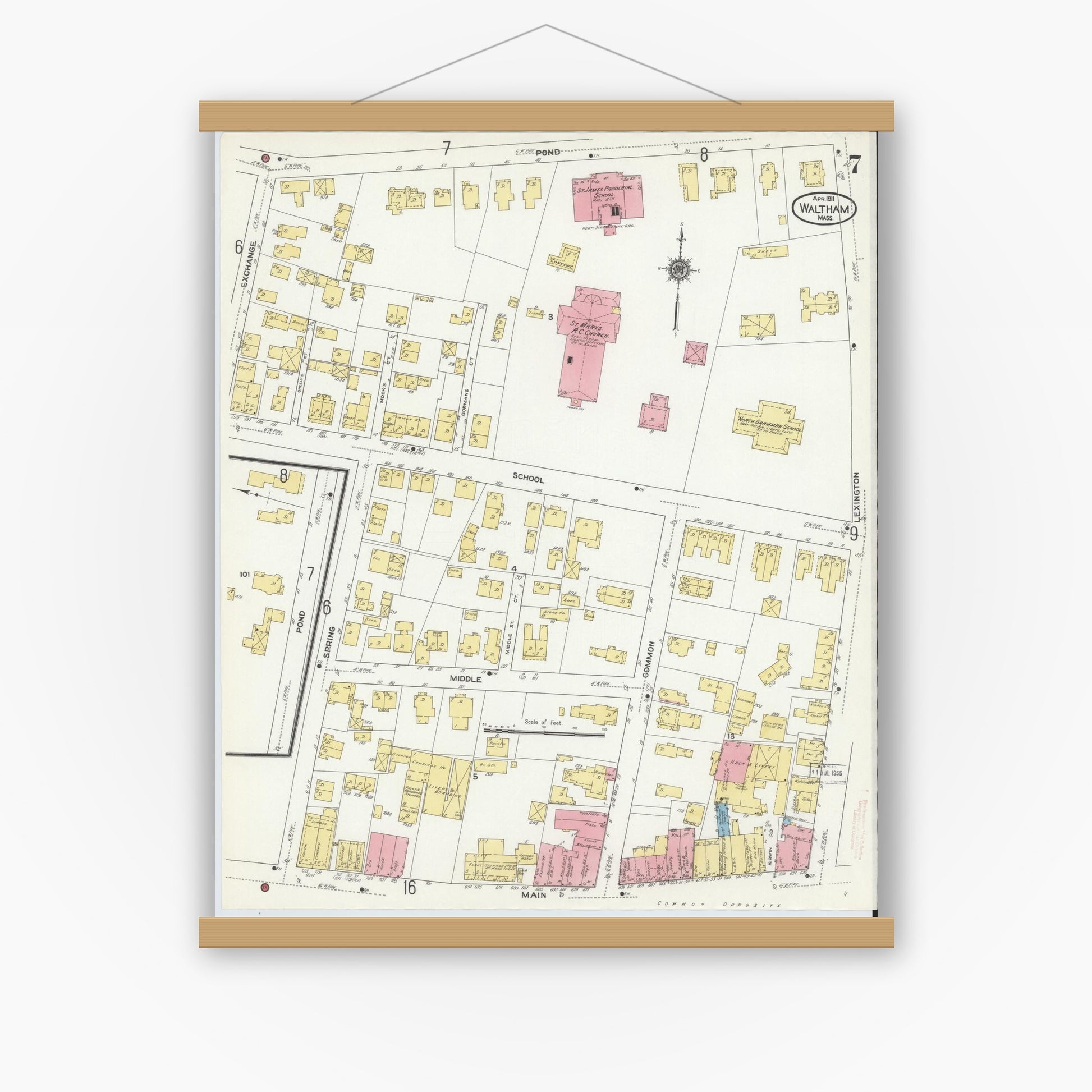 Old map wall art mockup — magnetic wood frame on white wall — Sanborn Fire Insurance Map from Waltham, Middlesex County, Massachusetts (1911), Sheet #0007