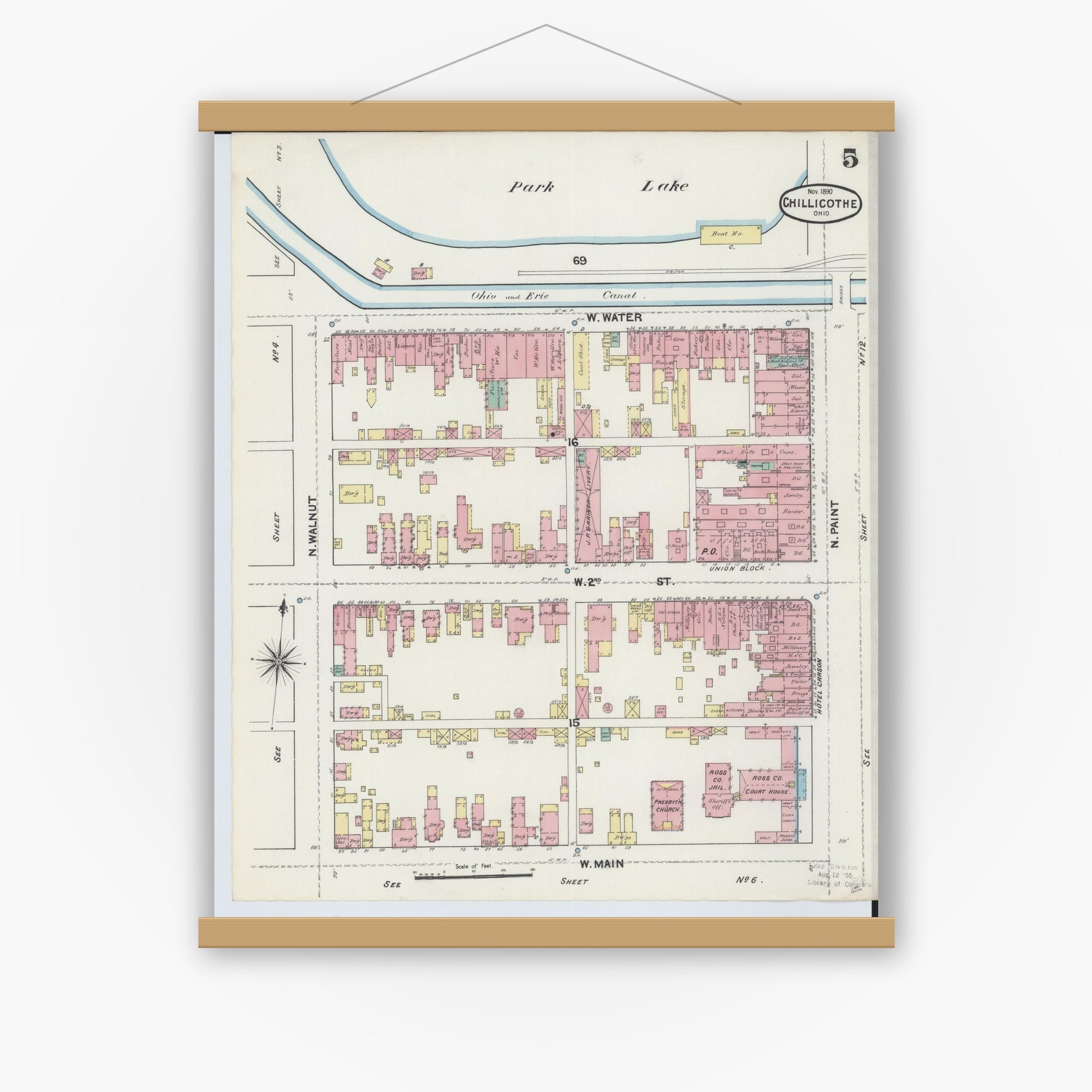 Old map wall art mockup — magnetic wood frame on white wall — Sanborn Fire Insurance Map from Chillicothe, Ross County, Ohio (1890), Sheet #0005