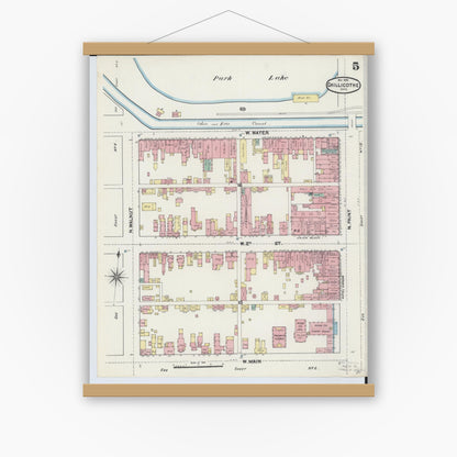 Old map wall art mockup — magnetic wood frame on white wall — Sanborn Fire Insurance Map from Chillicothe, Ross County, Ohio (1890), Sheet #0005