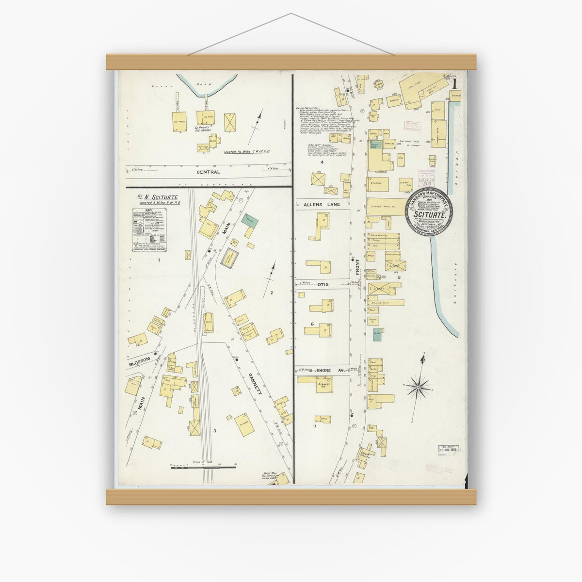 Old map wall art mockup — magnetic wood frame on white wall — Sanborn Fire Insurance Map from Scituate, Plymouth County, Massachusetts (1908) - Complete Map Set