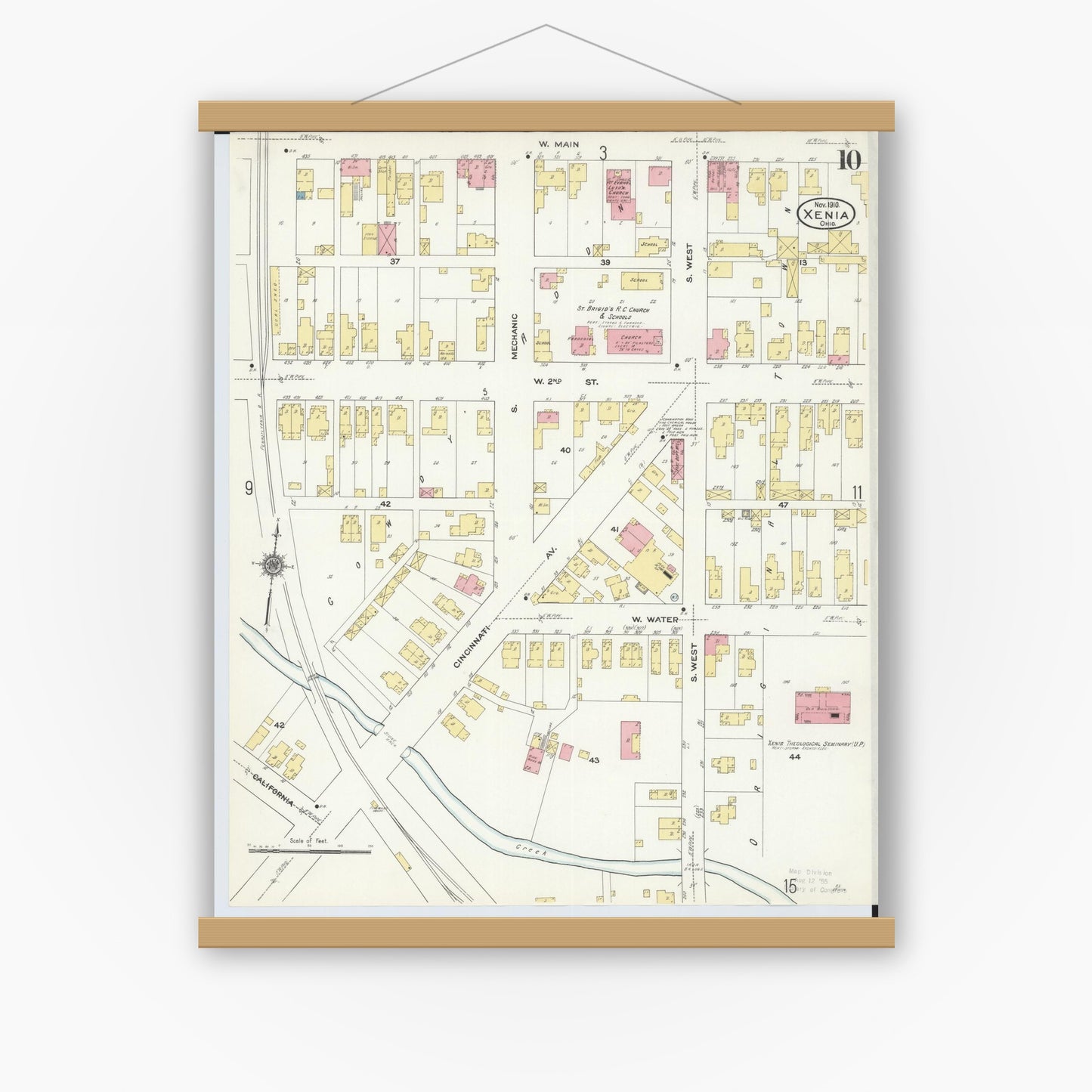 Old map wall art mockup — magnetic wood frame on white wall — Sanborn Fire Insurance Map from Xenia, Greene County, Ohio (1910), Sheet #0010
