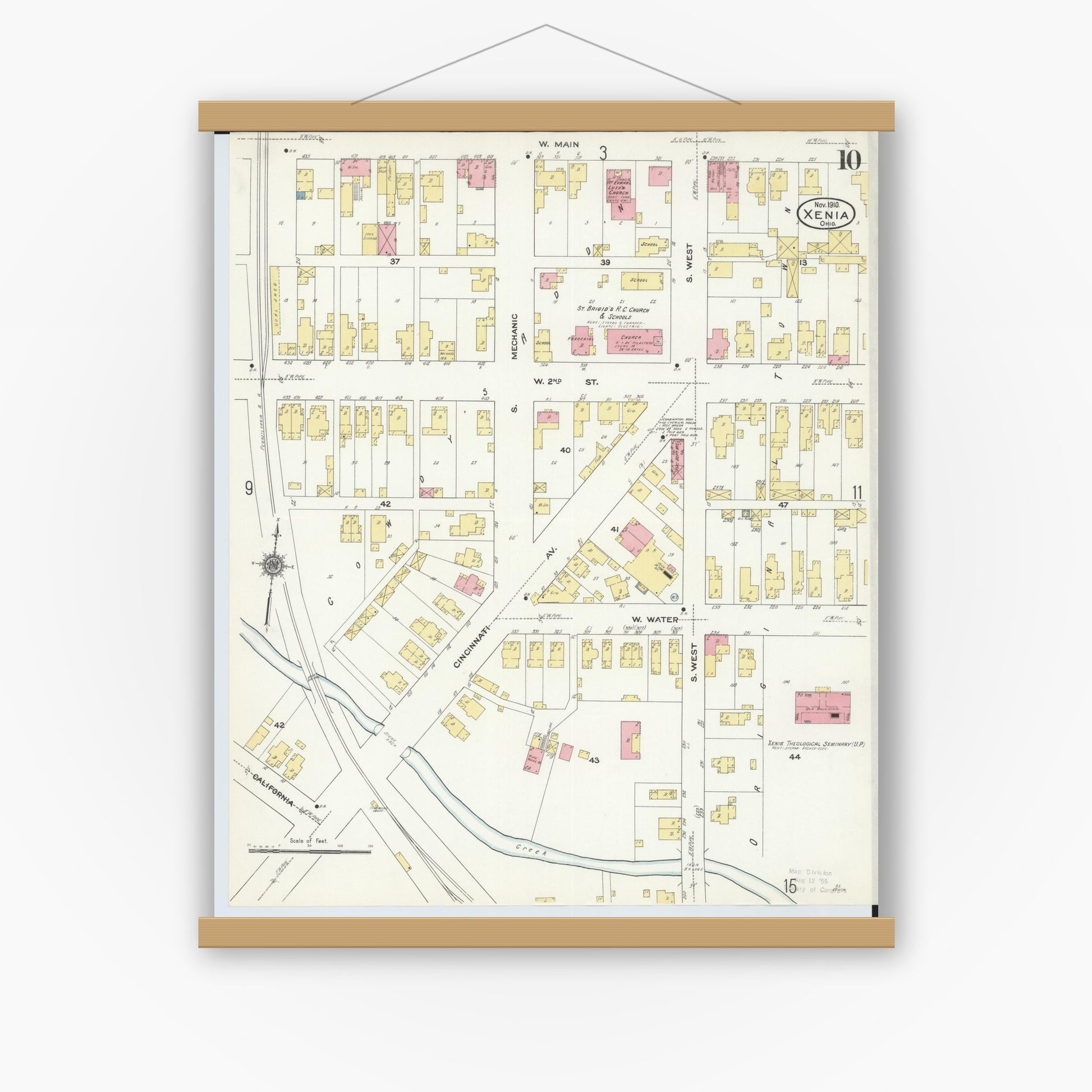 Old map wall art mockup — magnetic wood frame on white wall — Sanborn Fire Insurance Map from Xenia, Greene County, Ohio (1910), Sheet #0010