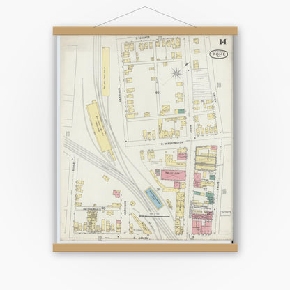 Old map wall art mockup — magnetic wood frame on white wall — Sanborn Fire Insurance Map from Rome, Oneida County, New York (1894), Sheet #0014