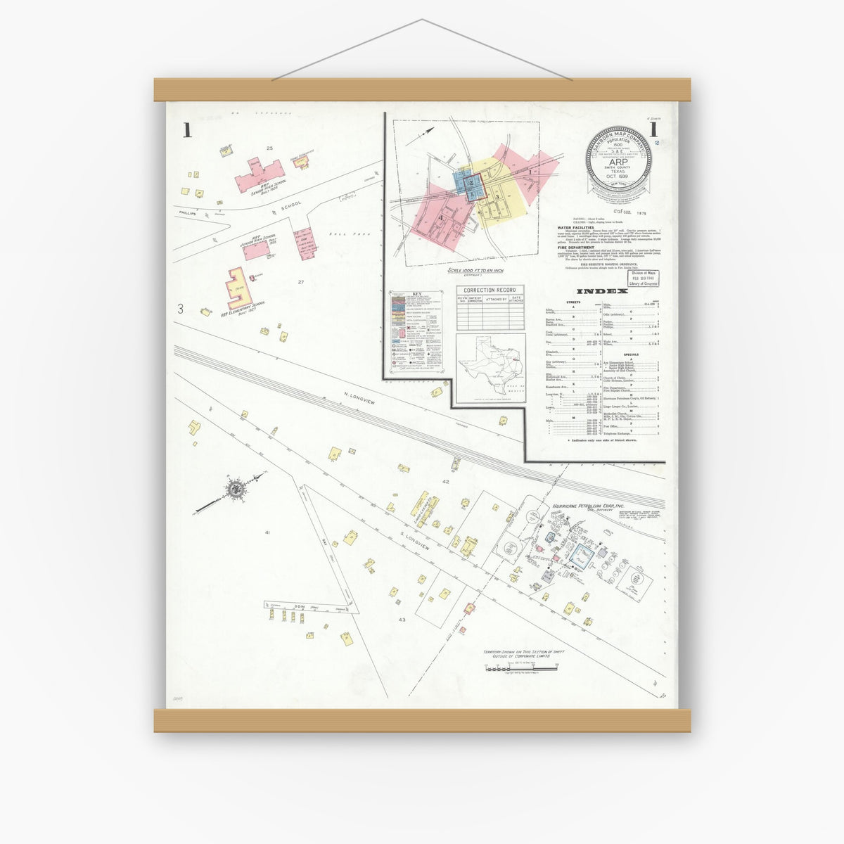 Old map wall art mockup — magnetic wood frame on white wall — Sanborn Fire Insurance Map from Arp, Smith County, Texas (1939) - Complete Map Set