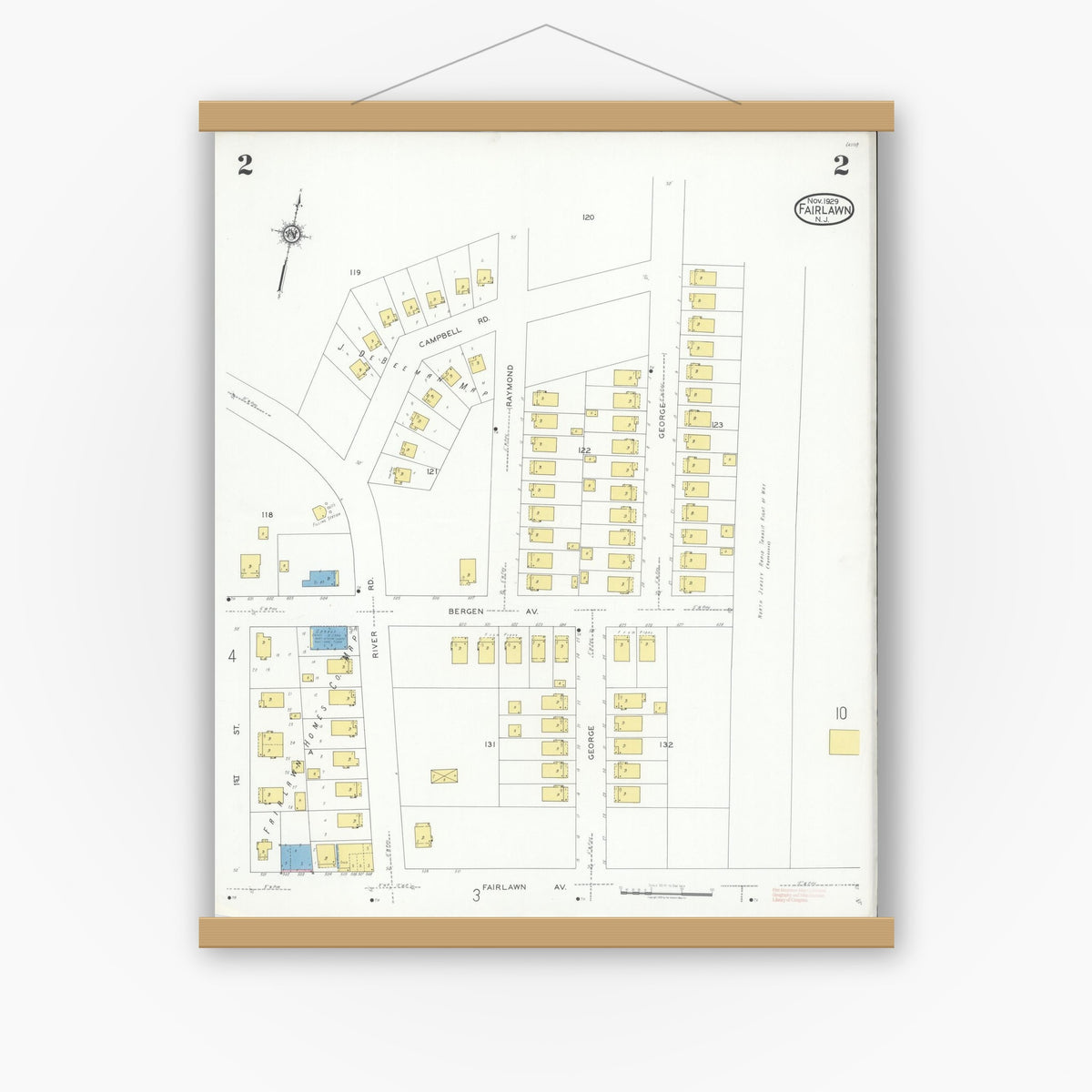 Old map wall art mockup — magnetic wood frame on white wall — Sanborn Fire Insurance Map from Fair Lawn, Bergen County, New Jersey (1929), Sheet #0002