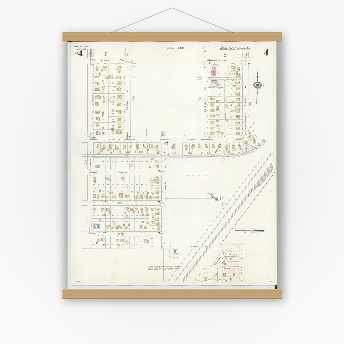 Old map wall art mockup — magnetic wood frame on white wall — Sanborn Fire Insurance Map from Osborn, Greene County, Ohio (1943), Sheet #0004