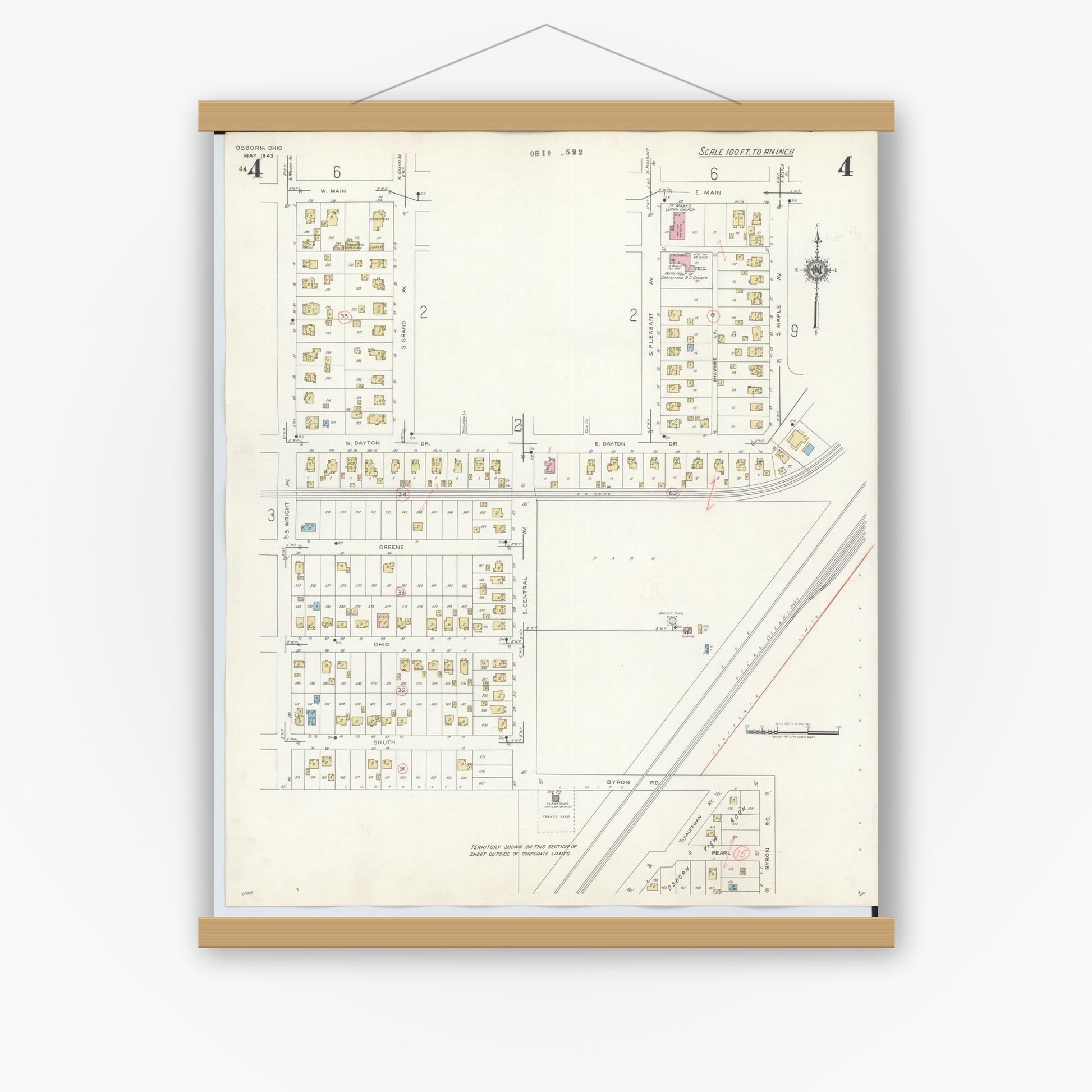 Old map wall art mockup — magnetic wood frame on white wall — Sanborn Fire Insurance Map from Osborn, Greene County, Ohio (1943), Sheet #0004
