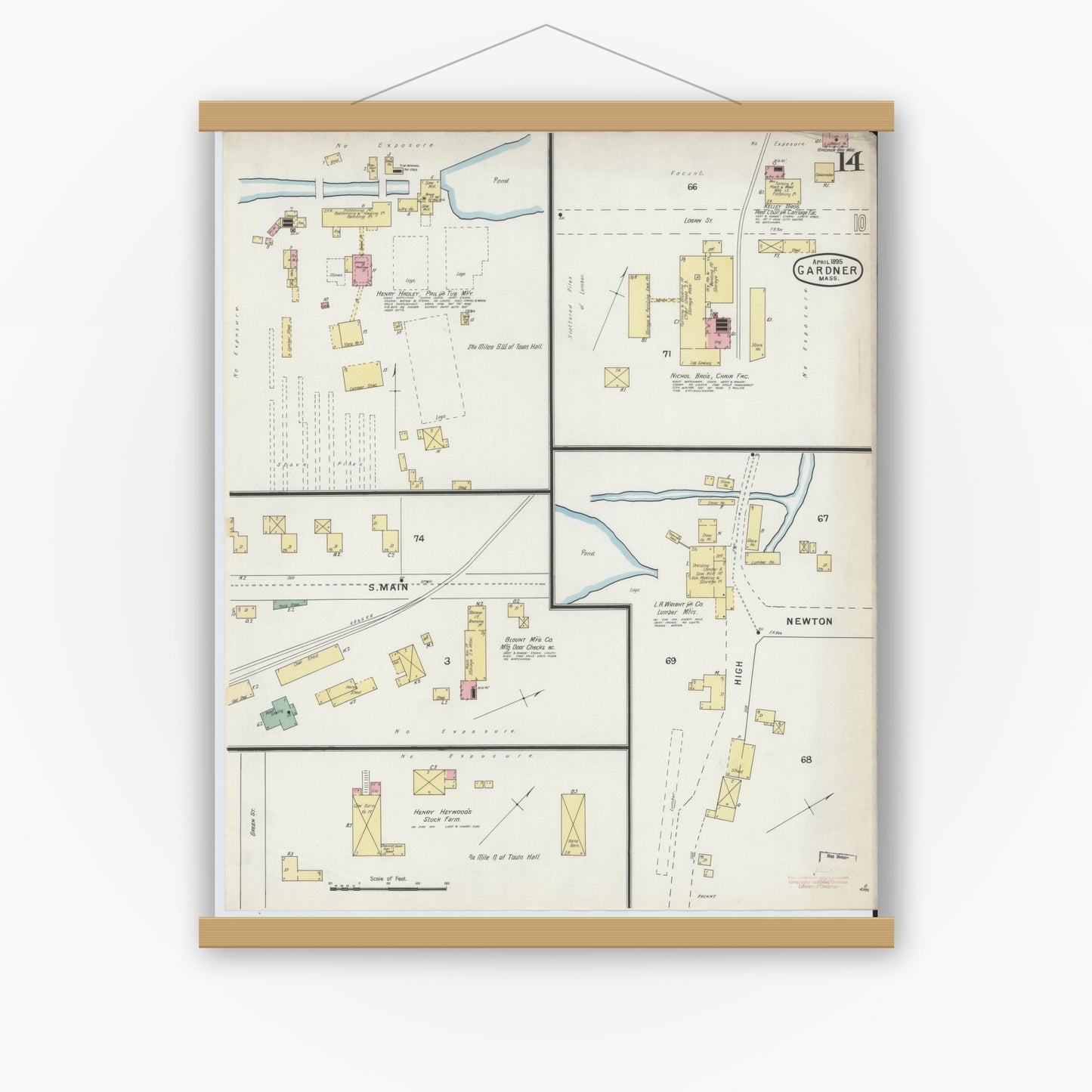 Old map wall art mockup — magnetic wood frame on white wall — Sanborn Fire Insurance Map from Gardner, Worcester County, Massachusetts (1895), Sheet #0014