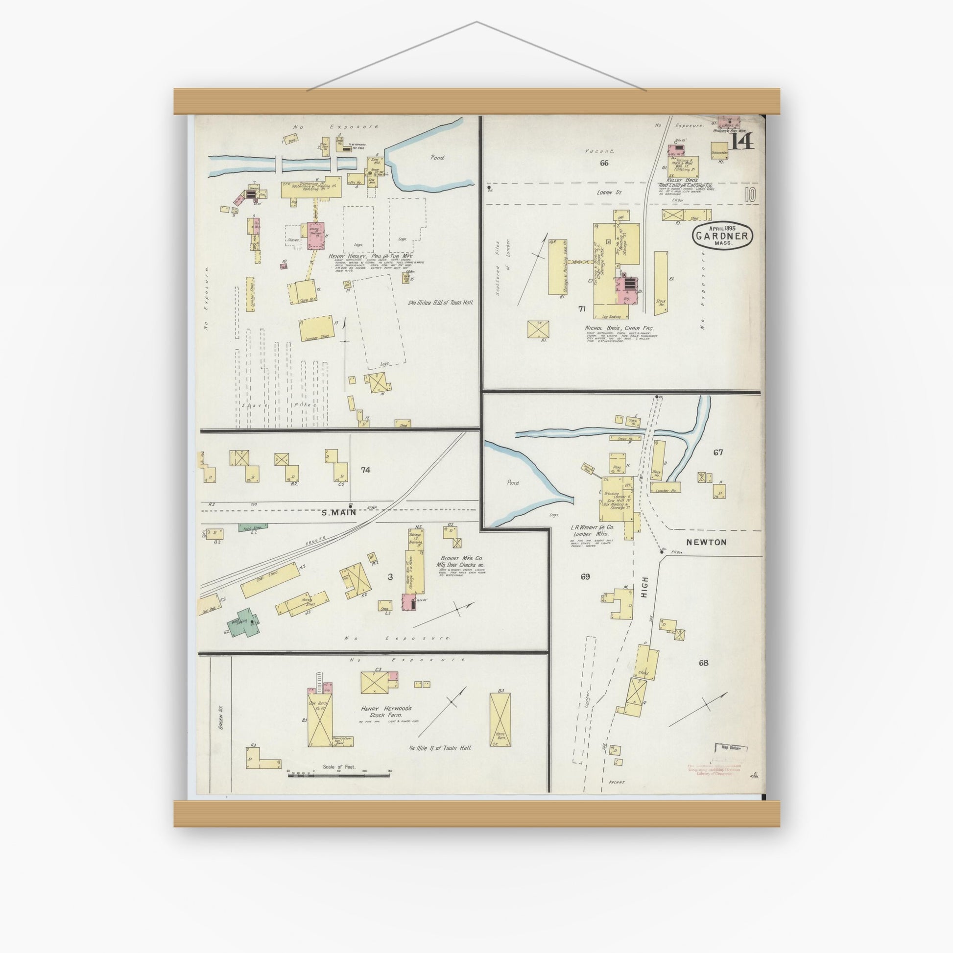 Old map wall art mockup — magnetic wood frame on white wall — Sanborn Fire Insurance Map from Gardner, Worcester County, Massachusetts (1895), Sheet #0014
