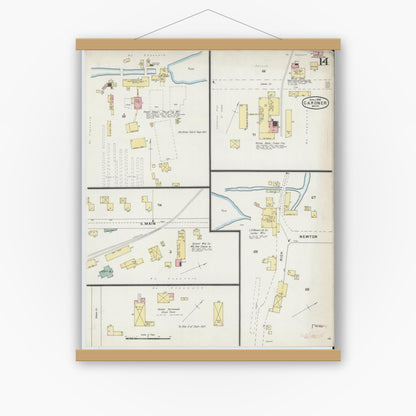Old map wall art mockup — magnetic wood frame on white wall — Sanborn Fire Insurance Map from Gardner, Worcester County, Massachusetts (1895), Sheet #0014