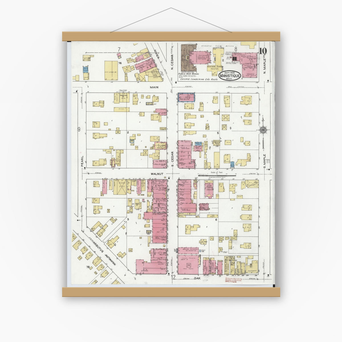 Old map wall art mockup — magnetic wood frame on white wall — Sanborn Fire Insurance Map from Manistique, Schoolcraft County, Michigan (1920), Sheet #0010