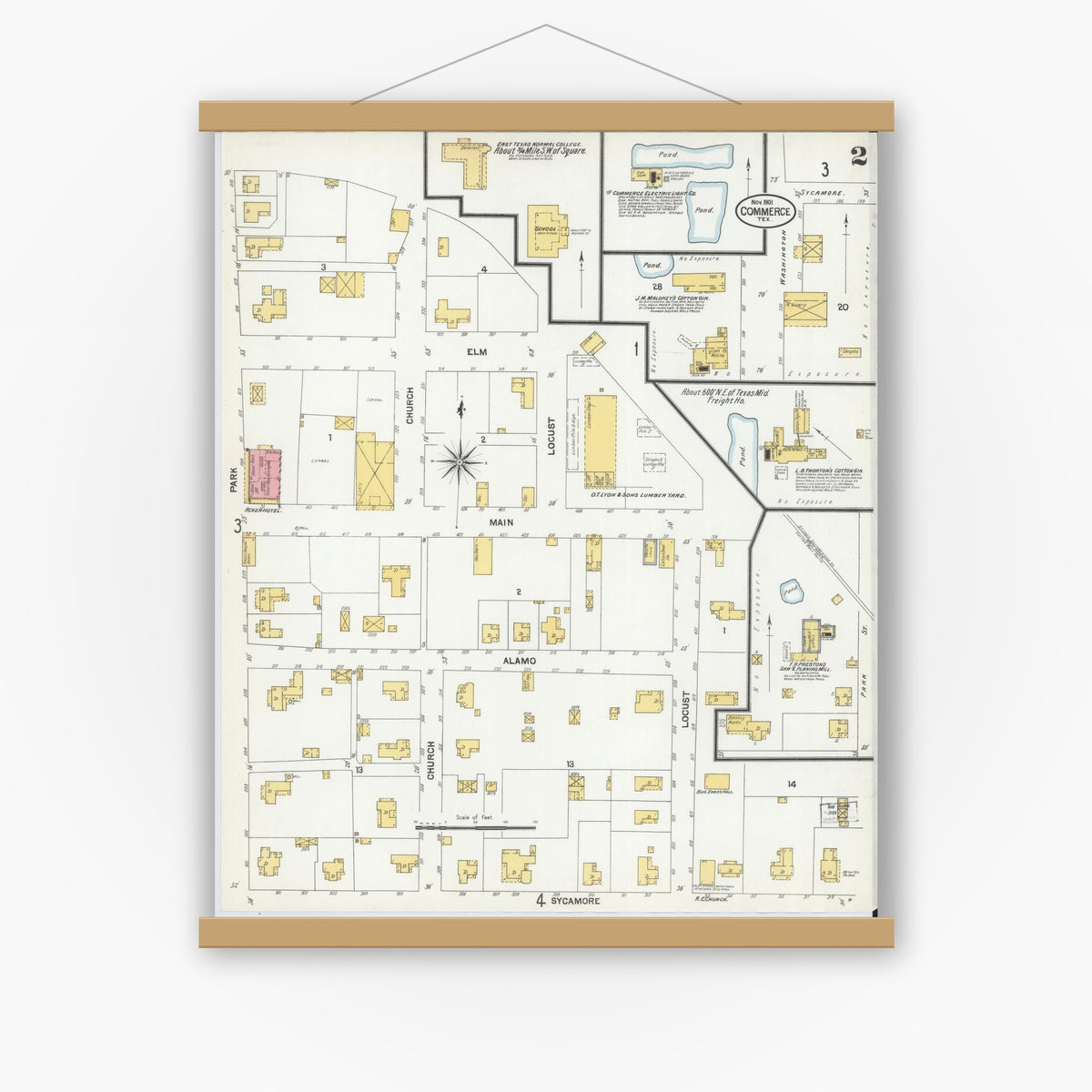 Old map wall art mockup — magnetic wood frame on white wall — Sanborn Fire Insurance Map from Commerce, Hunt County, Texas (1901), Sheet #0002